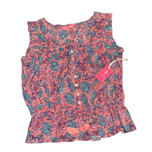 Simply Southern Tops - Simply Southern Women’s Sleeveless Ruffle Top, Coral/Seahorse Print, small